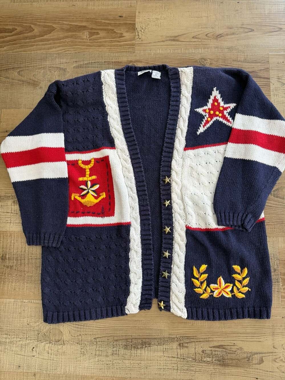 Jasonwell Vintage Nautical Cardigan Sweater Anchor Star Motif Y2K Grannycore USA